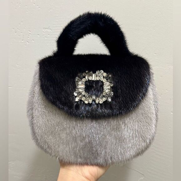 Colorblock Handmade Premium Real Mink Fur Top Handle Bag/Shoulder Bag/Crossbody - Picture 3 of 16